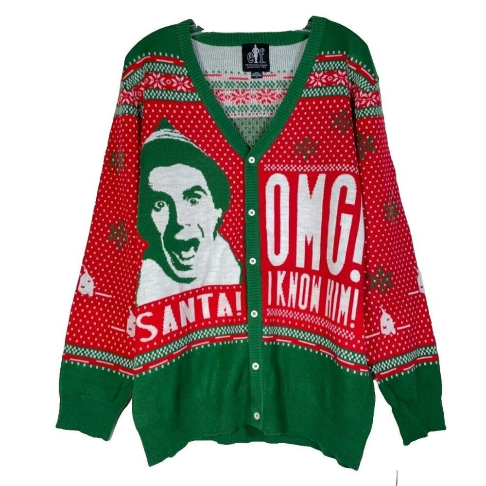 ELF Mens Ugly Christmas Cardigan Sweater XL OMG Santa I Know Him
